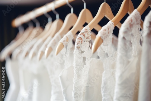 Elegant luxury bridal dresses on hangers in wedding boutique salon - closeup in bridal shop