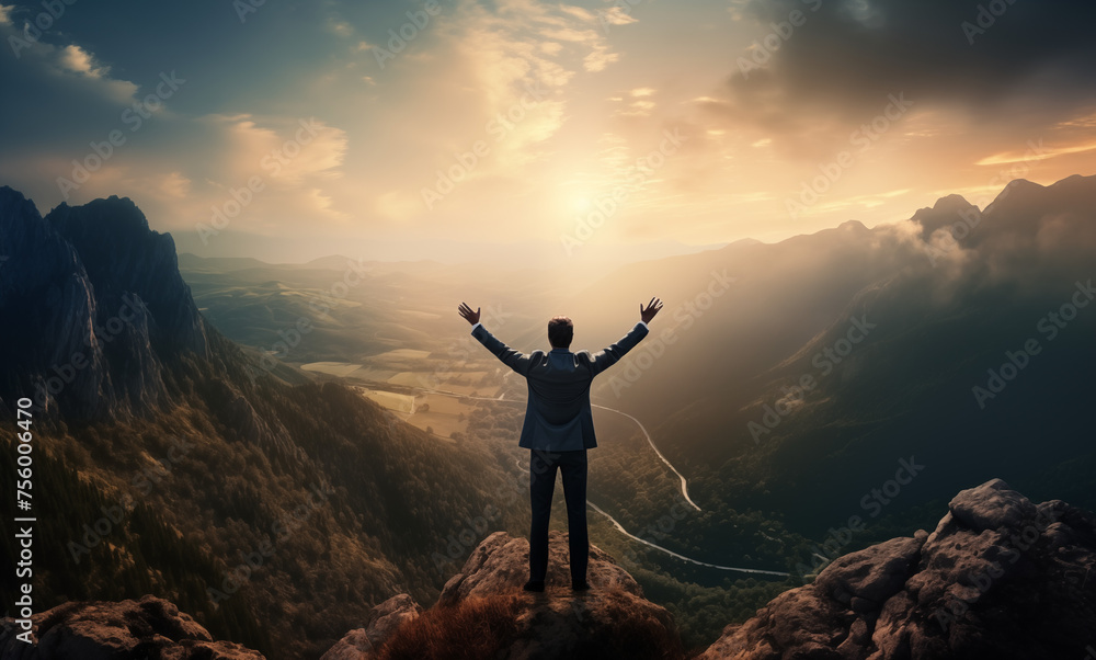 Obraz premium Mann steht mit erhobenen Armen auf einer Klippe, Konzept für Erfolg, Geschäftsmann hat Erfolg im Job und Business