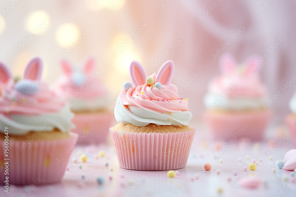 cupcakes pastel pour les fêtes de Pâques, avec un glaçage et toping en forme d'oreilles de lapin de Pâques, avec des perles en sucre colorées. Fond festif rose et or flouté. Fêtes pascales.