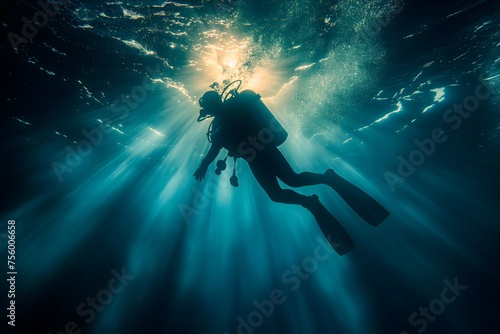 Taucher im Meer, Sonnenlicht bricht an der Wasseroberfläche, Konzept traumhafte Unterwasserwelt