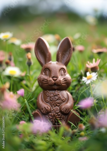chocolate easter bunny with eggs decoration, garden background. luxury chocolate, easter holiday. delicious milk, dark chocolate bunny.