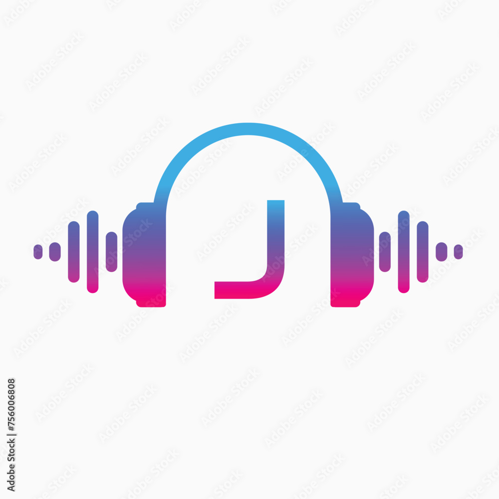 J letter Headphones with sound wave with Pulse music player element. Logo template electronic music, equalizer, store, dj, nightclub, disco. Audio wave logo concept, Abstract Shape vector J letter Headphones with sound wave with Pulse music player element. Logo template electronic music, equalizer, store, dj, nightclub, disco. Audio wave logo concept, Abstract Shape vector