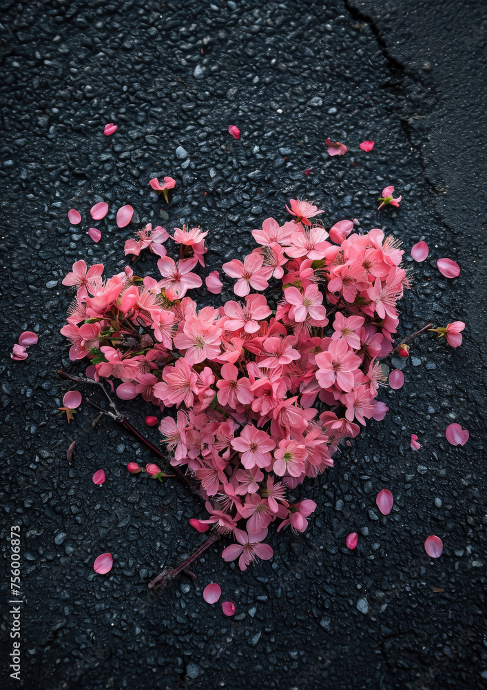 Φωτογραφία heart of pink sakura flowers on black asphalt, spring, bloom, plum, plant, natur