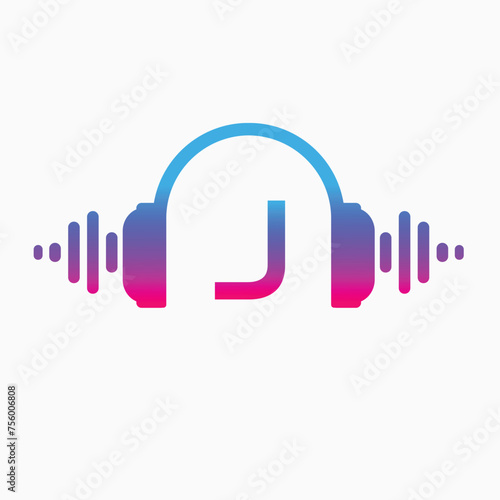 J letter Headphones with sound wave with Pulse music player element. Logo template electronic music, equalizer, store, dj, nightclub, disco. Audio wave logo concept, Abstract Shape vector