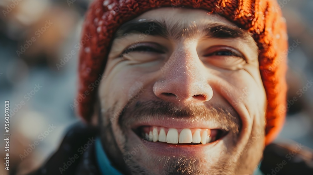 Man Smiling in Beanie During Winter, To convey the joy and warmth one can find even during the cold winter season