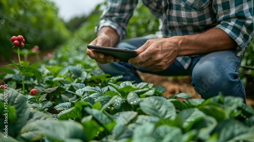 Man Checking Phone in Field of Crops, To showcase the integration of technology in modern farming, specifically through the use of smartphones and photo