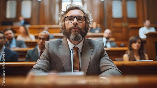 Man in Courtroom Epic Portrait and Tilt-Shift Perspective, To provide a striking and professional image of a man in a courtroom setting, suitable for
