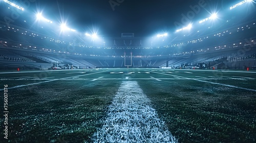 Night Football Stadium with Lights On, To showcase the atmosphere of a football game at night, emphasizing the bright lights and the contrast between photo