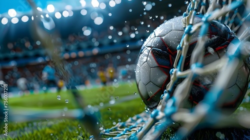 Soccer Ball and Net in the Rain A Glimpse into Unreal Engine 5s Realistic Still Lifes, To convey a sense of motion and action in a sports setting, photo