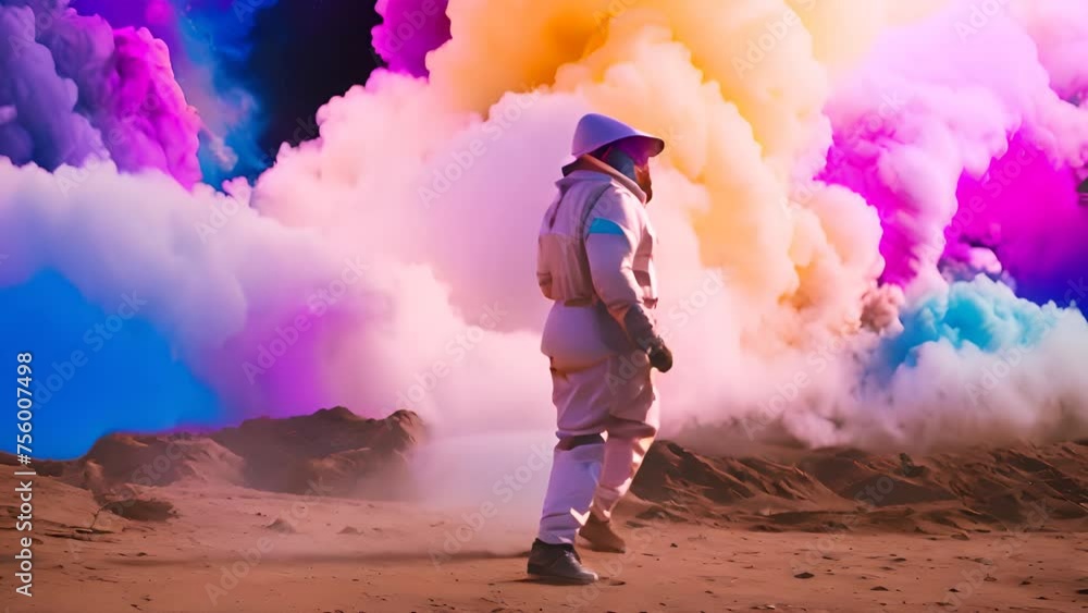 Astronaut in Space Suit Standing in Front of Colorful Smoke Generative AI Astronaut in Space Suit Standing in Front of Colorful Smoke Generative AI