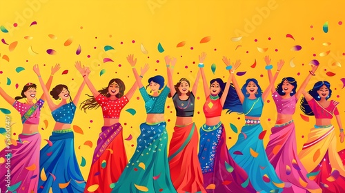 Women in Colorful Saris Dancing with Confetti in Cartoon Illustrations, This image would be perfect for adding a festive and cultural touch to any