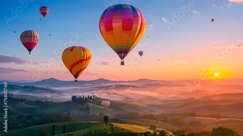 Hot Air Balloons Soaring in a Beautiful Landscape, To convey a sense of peace and tranquility, and to inspire a sense of adventure and wanderlust in