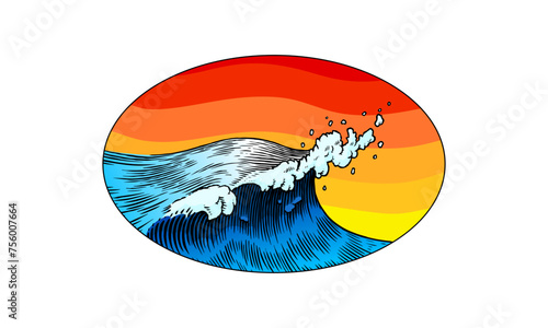  Atlantic tidal waves and red sun. Vintage old engraved hand drawn labels. Japanese style for banner, background or poster. Isolated vector illustration.