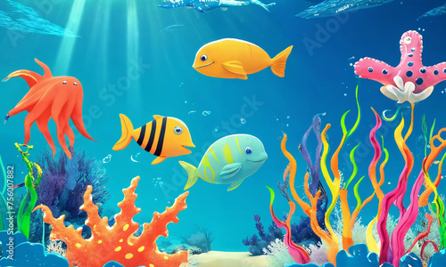 Colorful animated underwater scene with playful sea creatures enjoying a fun moment together