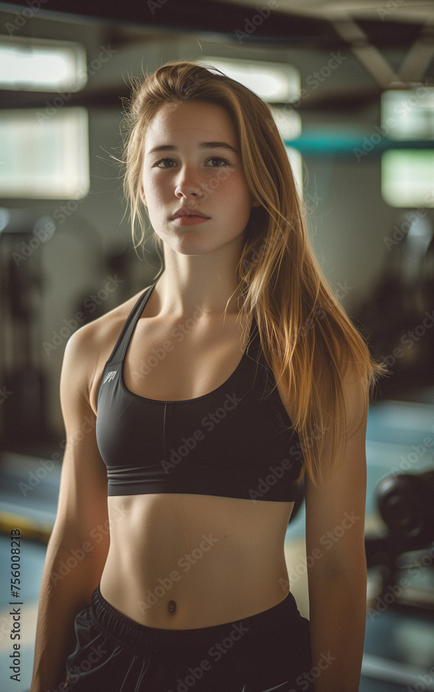 Woman in Sports Bra Top Standing in Gym. Generative AI Woman in Sports Bra Top Standing in Gym. Generative AI