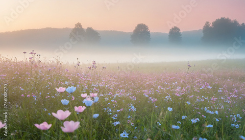 The serenity of a tranquil meadow at dawn, with dew-kissed flowers and a misty horizon, set against a gradient sky transitioning from soft pink to pale blue. Ensure a simple, pastel-colored background