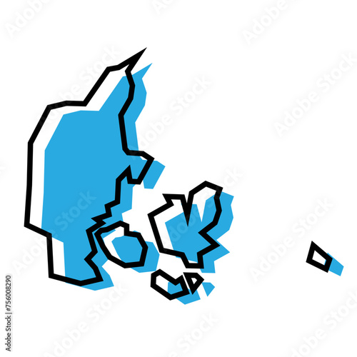Denmark country simplified map. Blue silhouette with thick black contour outline isolated on white background. Simple vector icon
