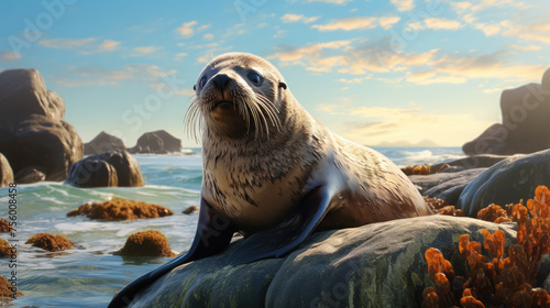 fur seal on an ice floe, sunny day, marine mammal, antarctica, arctic, north, animal, brown, cute, eyes, baby, sea lion, snow, wildlife, landscape, iceberg photo