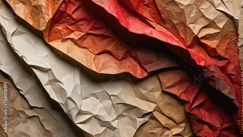 Crumpled paper texture, strokes of red and brown aquarelle watercolor, uneven saturation, subtle gradients, folded edges catching light, shadows deepening creases, both colors bleeding into each other