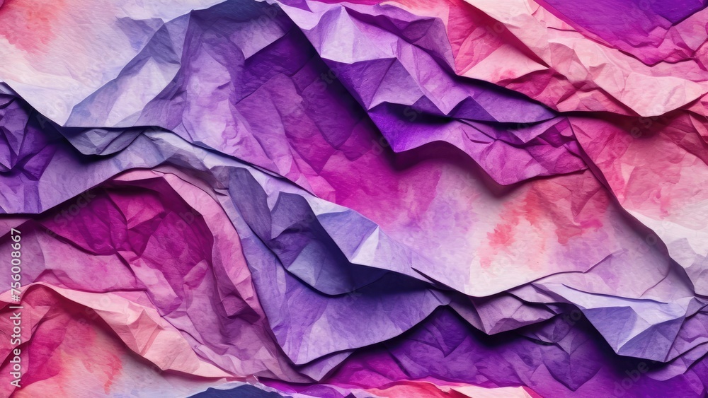 Crumpled paper texture with strokes of aquarelle watercolors in shades of pink and purple, close-up on the intricate folds and creases, watercolor illustration, accentuating the depth Crumpled paper texture with strokes of aquarelle watercolors in shades of pink and purple, close-up on the intricate folds and creases, watercolor illustration, accentuating the depth