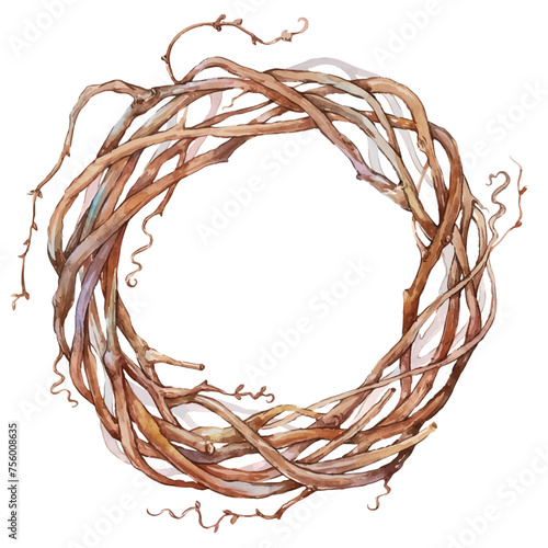 Wreath of branches drawing in a Watercolor style. Round frame of twisted Branches. Vintage floral wreath. Hand drawn illustration can be used as invitation card for wedding, Christmas and other.
