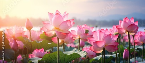 A field of pink lotus flowers under the sun, with petals glowing in shades of magenta. The natural landscape is complemented by a clear blue sky and fluffy clouds