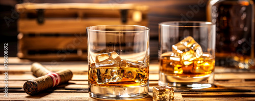 a glass of strong whiskey with ice and cigars stand on a wooden bar counter against the background of the bar © MK studio