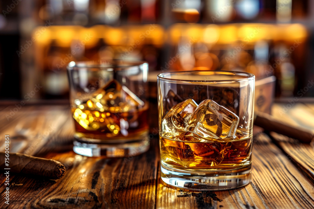 a glass of strong whiskey with ice and cigars stand on a wooden bar counter against the background of the bar