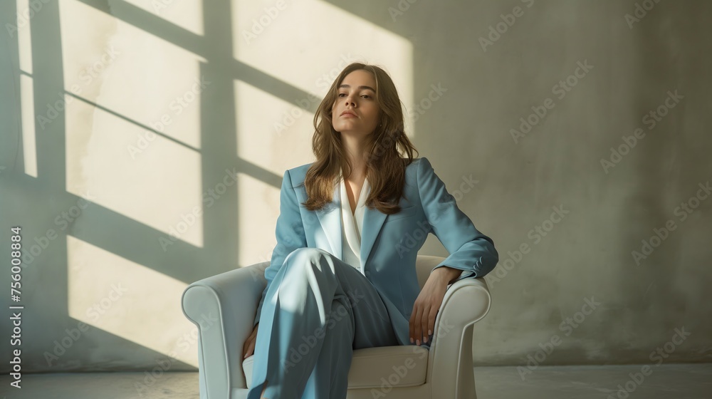Sie sitzt in einem leeren Raum auf einem weißen Stuhl und trägt einen blauen Anzug, Konzept Model vor Betonwand Sie sitzt in einem leeren Raum auf einem weißen Stuhl und trägt einen blauen Anzug, Konzept Model vor Betonwand