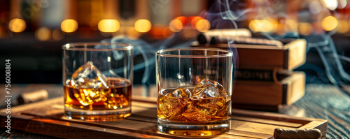 a glass of strong whiskey with ice and cigars stand on a wooden bar counter against the background of the bar