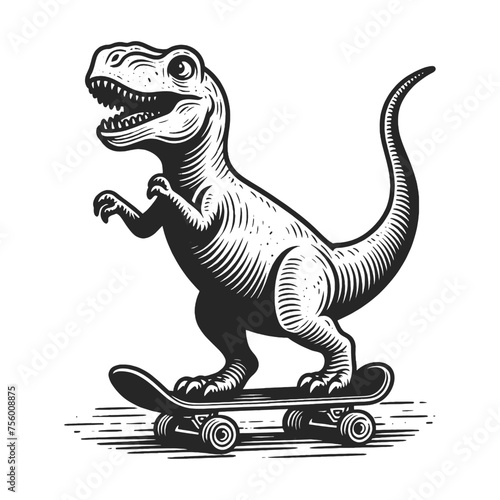 Cartoon dinosaur riding skateboard sketch engraving generative ai vector illustration. Scratch board imitation. Black and white image.