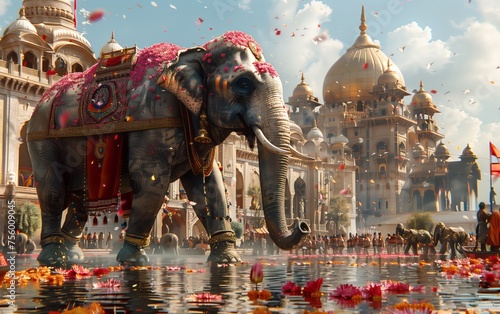 elefante sull'acqua con tempio indiano come sfondo photo