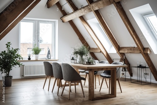 Bright Dining Room with Wooden Beams, Skylights, Scandinavian Style