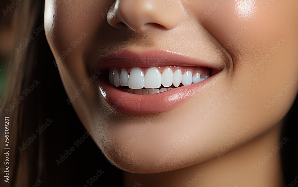 Charming White-Toothed Smile of Young Woman, Lips with Nude Lipstick Charming White-Toothed Smile of Young Woman, Lips with Nude Lipstick
