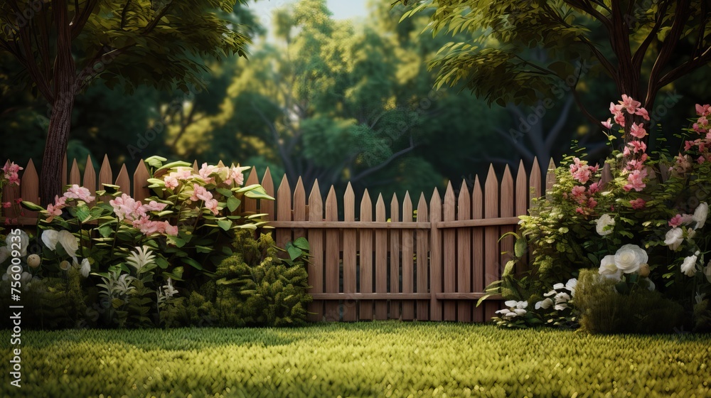 Fototapeta premium Beautiful Picket Fence with Green Grass and Blooming Hydrangeas