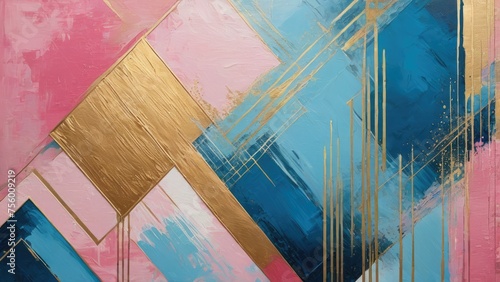 Nostalgic painting featuring golden brushstrokes in a retro style, oil on canvas, modern art interpretation with geometric patterns in shades of pink and blue, suitable for a variety of formats