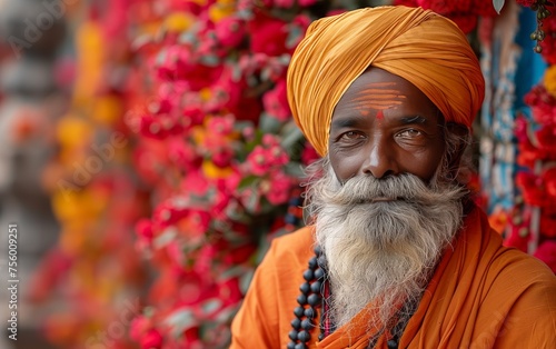 vecchio uomo indiano dalla barba bianca con turbante arancione su uno sfondo di fiori photo