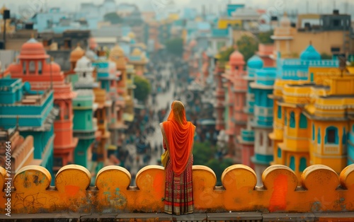 donna indiana con velo arancione affacciata sulla città photo