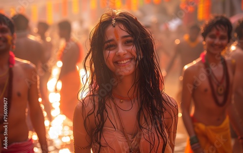 ragazza indiana sorridente durante festeggiamenti rituali photo