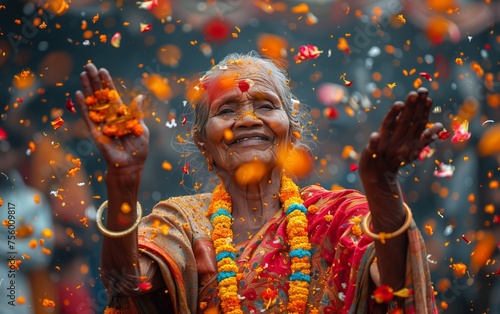 anziana signora indiana sorridente che festeggia sotto una pioggia di petali colorati photo