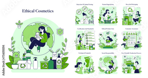 A woman sits on a globe surrounded by ethical cosmetics in a circular pattern