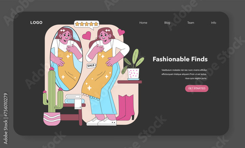 Excitement in eco-fashion. A joyful shopper tries on a chic find at a secondhand store, reflecting the thrill of sustainable style discoveries. Vector illustration.