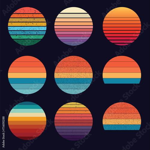 Retro vintage color background illustrations Shape 9 piece set. Vintage sunset collection in 70s 80s style. Regular and distressed retro sunset set with textured versions