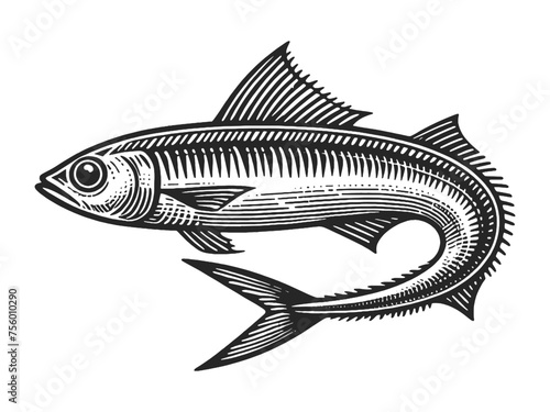 anchovy mackerel fish in a vintage engraving style, suitable for food and fishing themes food sketch engraving generative ai vector illustration. Scratch board imitation. Black and white image.