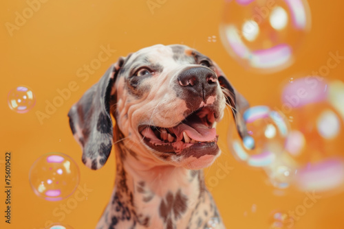 Joyful dog playing with soap bubbles on a pink backdrop. A moment of pure bliss. Generative AI.
