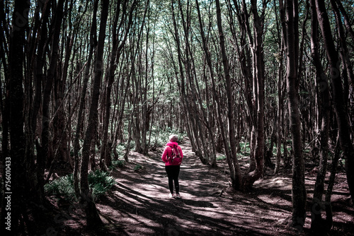 Mujer caminando sola por bosque oscuro y sombrio. Fotografía estilo Dark Moody photo