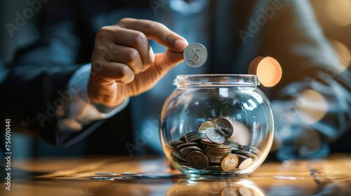 Businessman hand putting money coins into glass piggy bank for Education. Generative AI