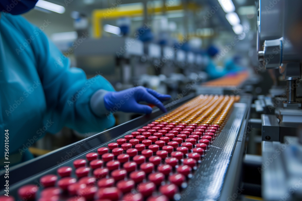 close up of medicinal pills on a conveyor belt in a pharmaceutical factory