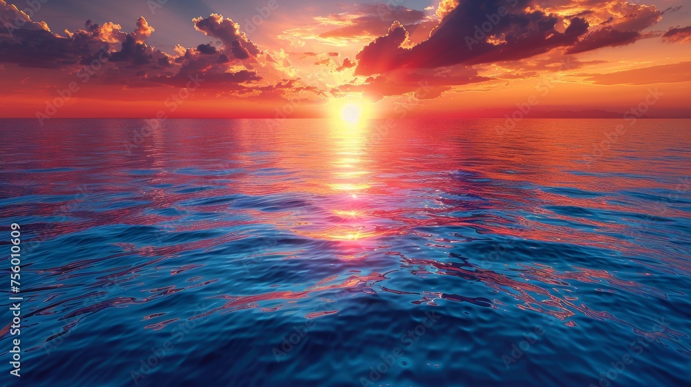 A sunset over the ocean with clouds in the sky, AI