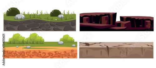 Set of colored earth soil in cartoon style. Vector illustration of different soil of the earth with stones, cracks, faults, green grass, bushes isolated on white background. Soil profiles.